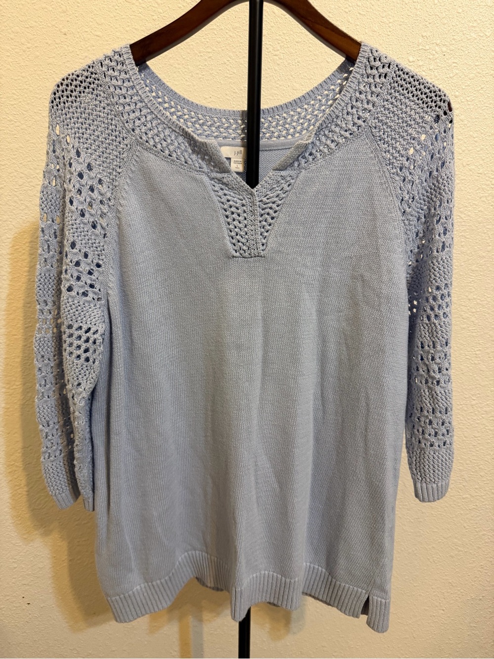 J.Jill PaleBlue Crochet-Sleeve Scoop Neck Sweater Streachy open knit casual boho